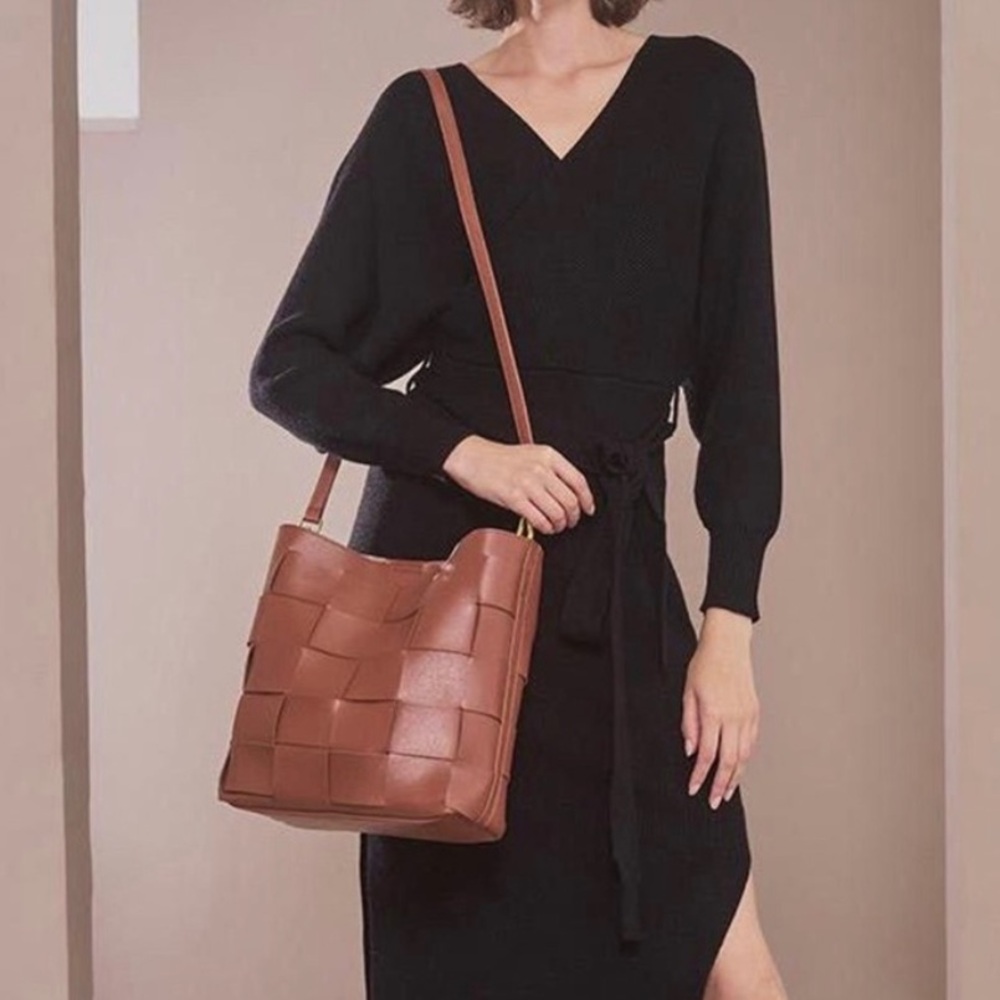 Melie Bianco Vegan Simone Saddle Brown Tote Bucket Crossbody